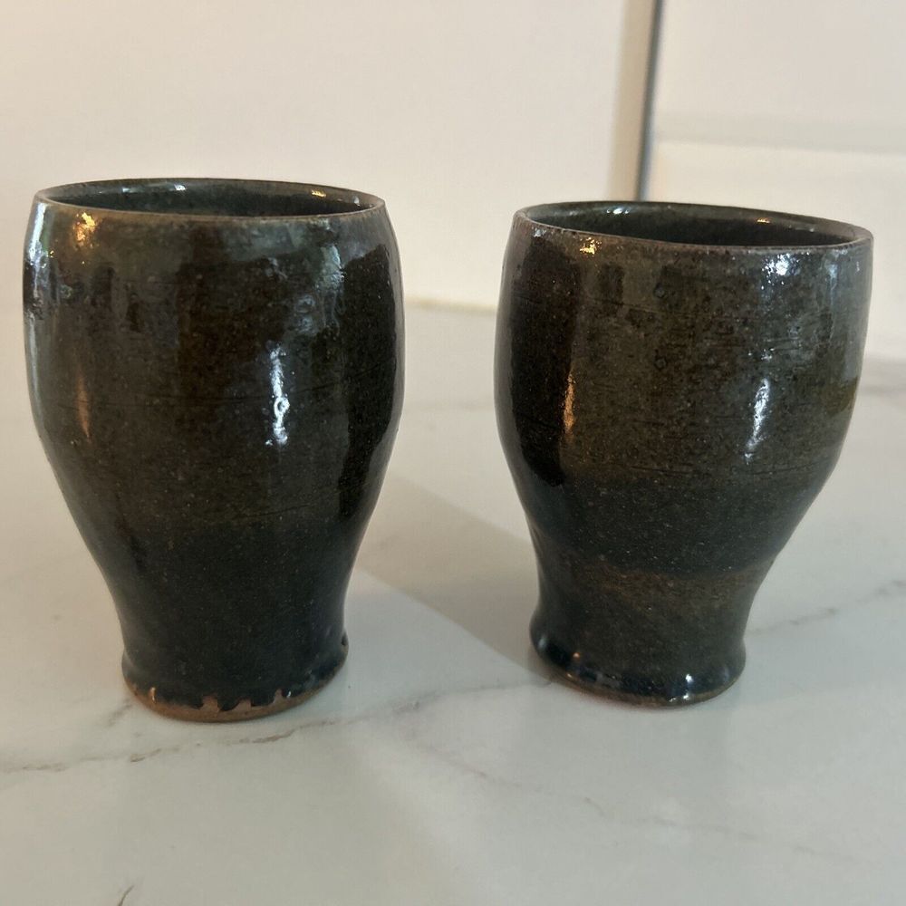 Studio Art Pottery Hand Thrown Tumbler Vase Artist Signed Blues Brown 4" Tall